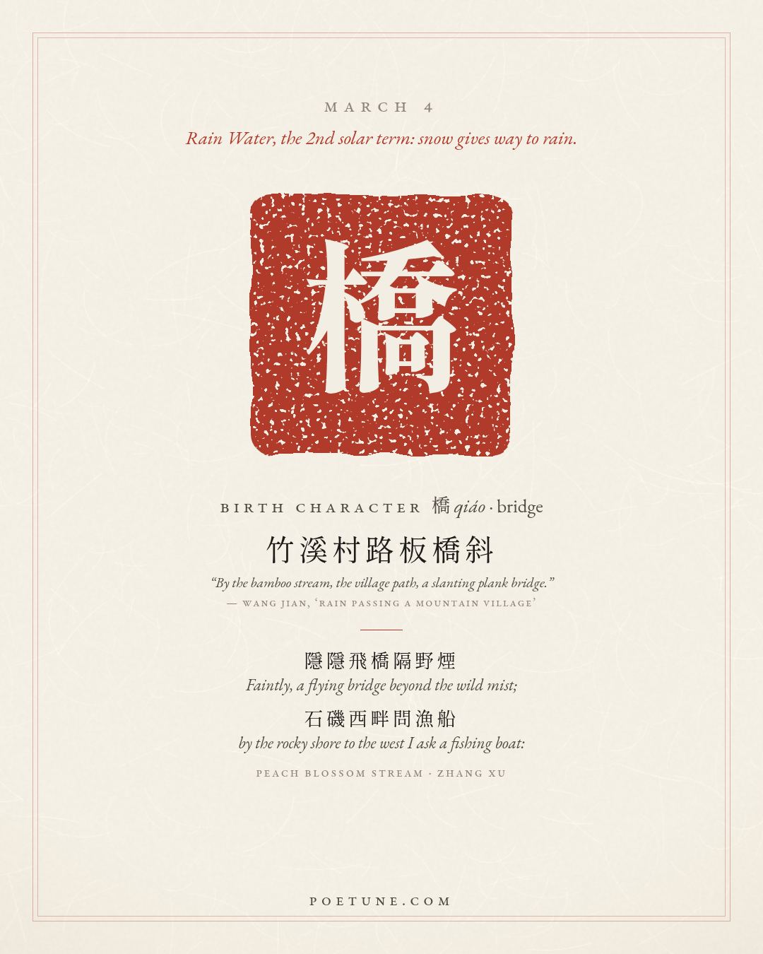 Birthday poem card for March 4: “Peach Blossom Stream” by Zhang Xu. Birth character 橋, bridge.