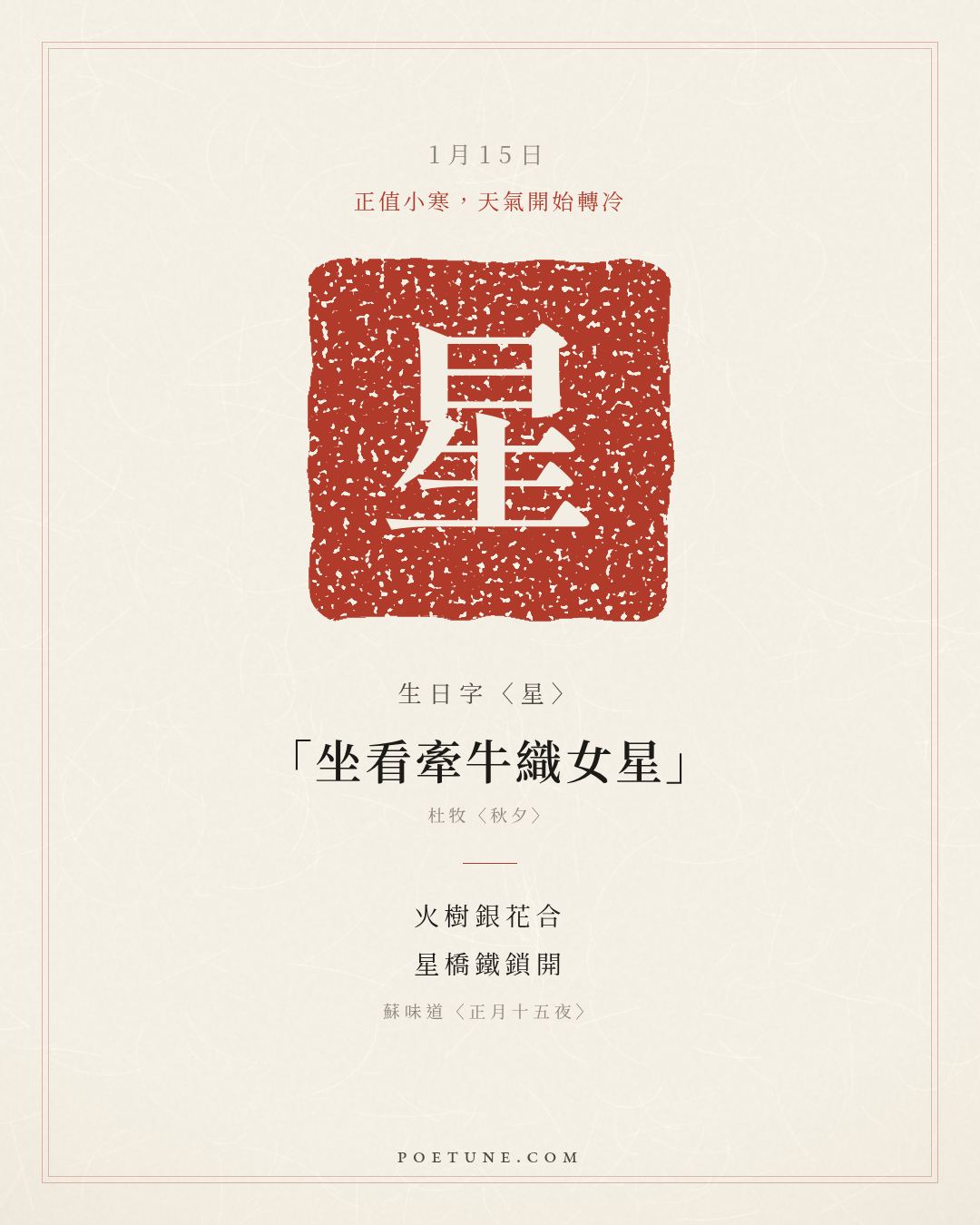 1月15日的生日詩卡：蘇味道〈正月十五夜〉火樹銀花合，星橋鐵鎖開……生日字〈星〉